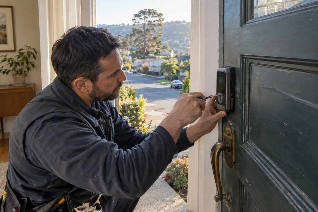 Close view of a locksmith fitting a smart lock to an older entry door inside a Blair Hills home in Blair Hills, CA
