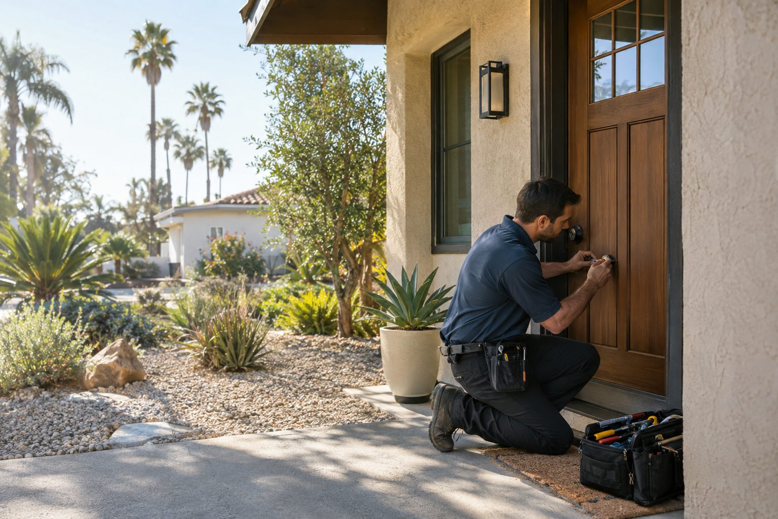 A locksmith checks a front-door deadbolt at a Palms bungalow, with a small tool kit open beside the exterior entry in Palms, CA